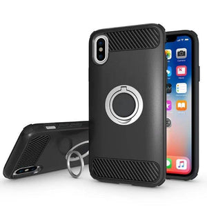 Carbon Fiber Shockproof Case with Finger Ring Iron Piece for iPhone X - Beauty Plaza
